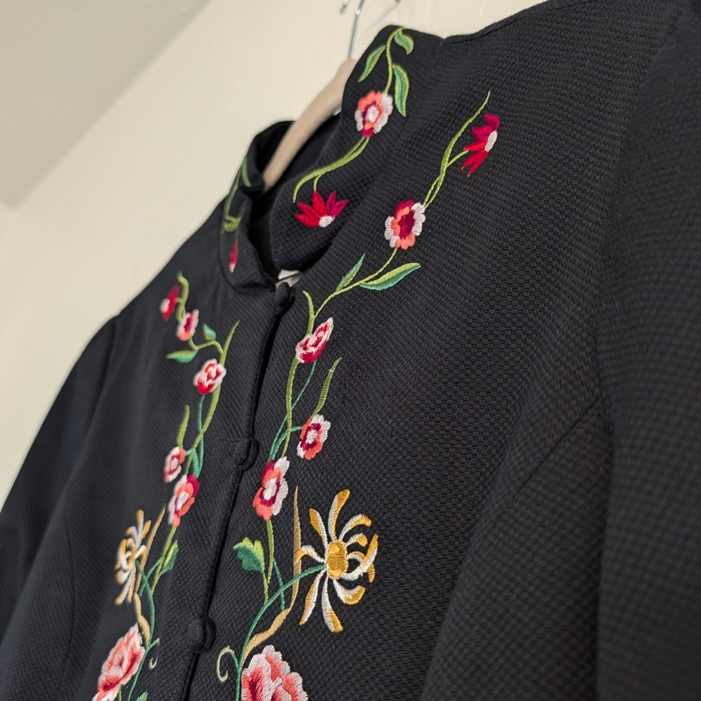 VTG 90s Victor Costa Occasion Black Floral Embroidery Duster Jacket Boho Cottage - Picture 7 of 11